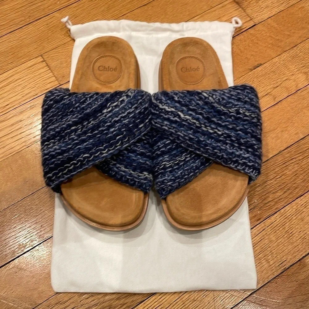 NWT CHLOE WAVY FLAT MULE in blue cashmere and tan suede - size 35